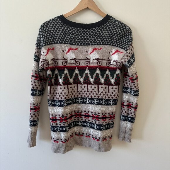Abercrombie & Fitch Womens Pullover Sweater Beige Nordic Fair Isle Polar Bear M - Picture 2 of 5
